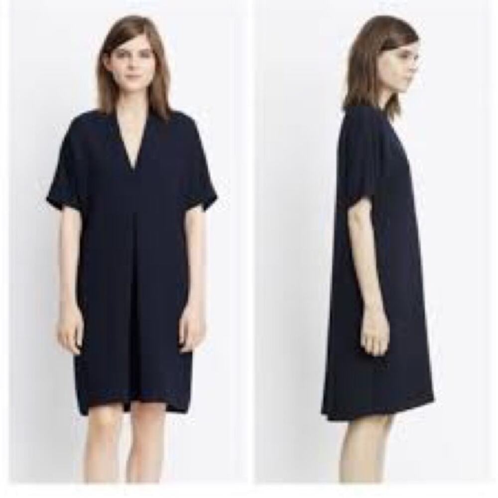 Vince Dress XXS Black V neck pleat modest office work lagenlook layer short slee